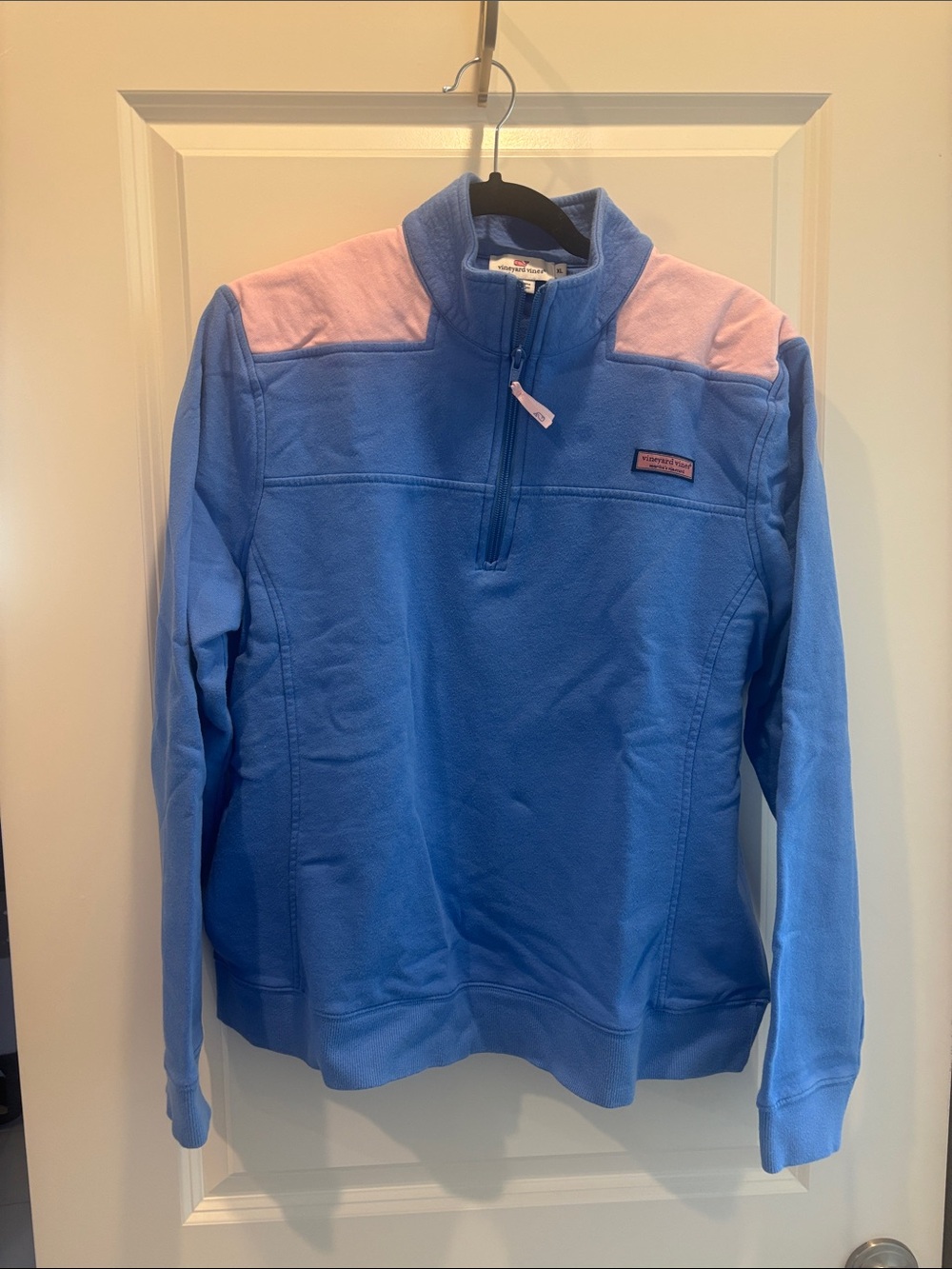 Vineyard Vines Blue Pullover with Pink Shoulder Panels
